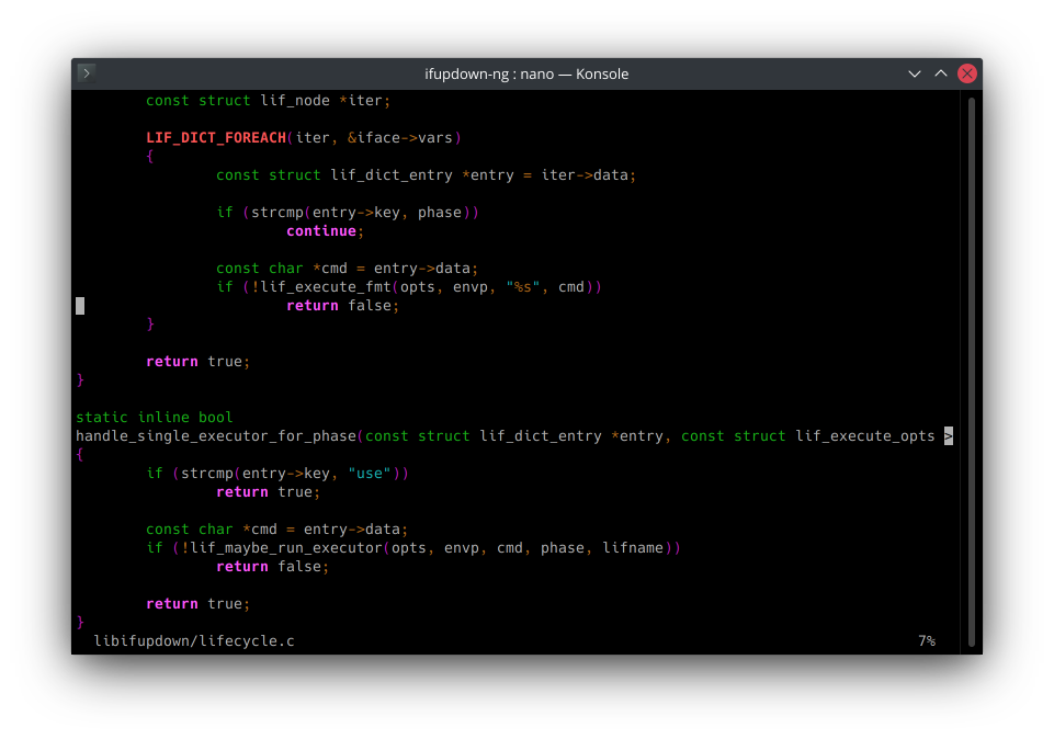 GNU nano displaying source code as I have configured it, syntax highlighting is enabled, and minibar mode also.