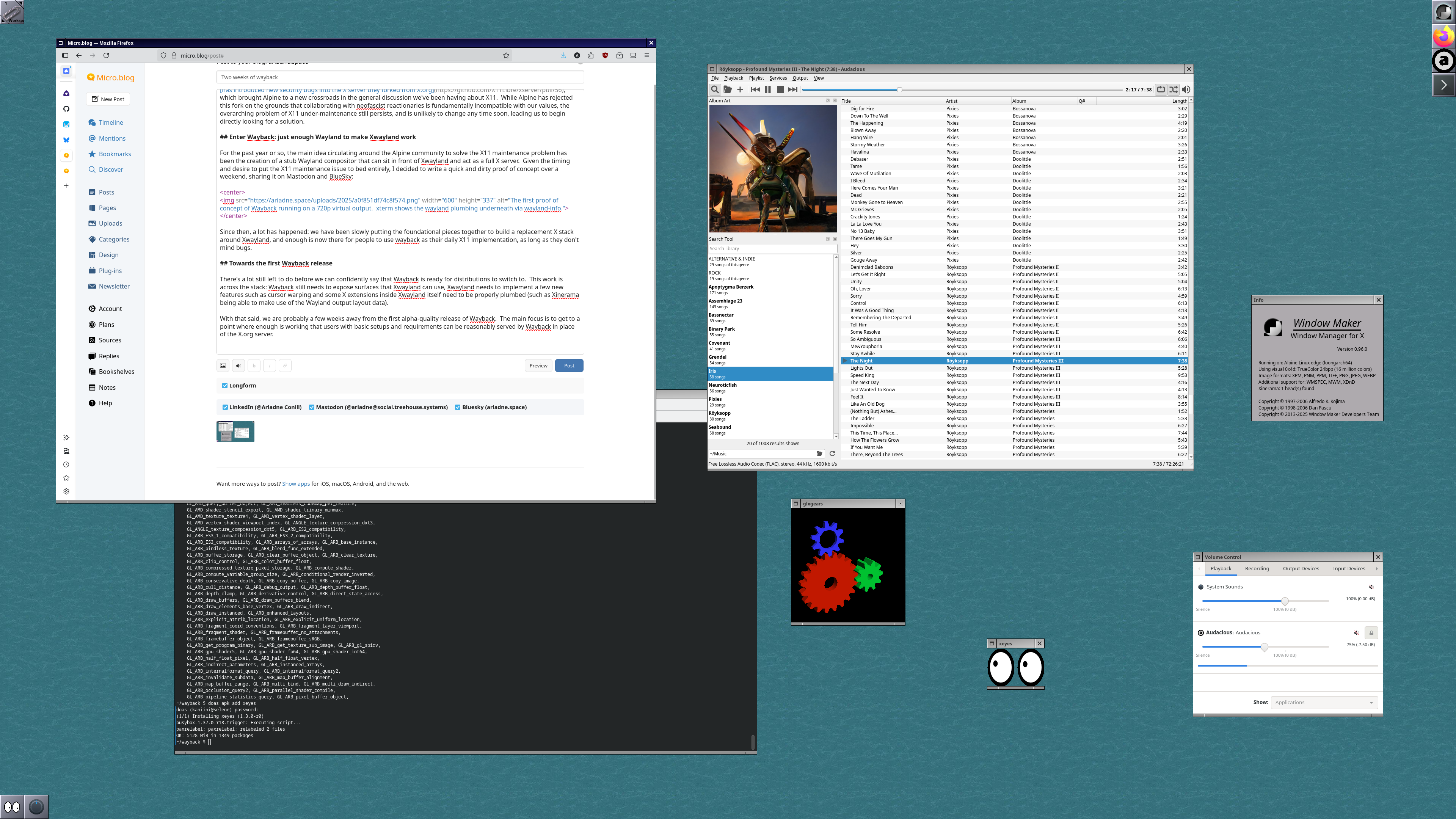 Wayback running Window Maker on bare metal, as well as several X applications, including Firefox editing my blog.